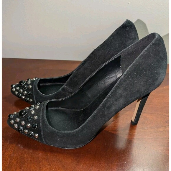 Karl Lagerfeld Paris Black Suede Stiletto Pearl Studded Heels Women Size 8.5 - Picture 3 of 10